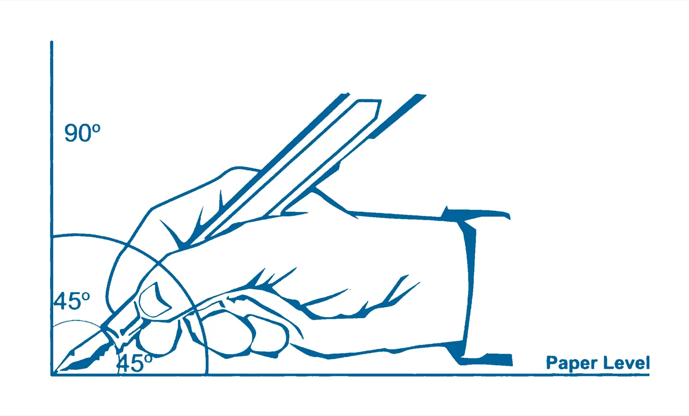 The writing grip: the pen held between thumb and index finger at about 45 degrees to the paper