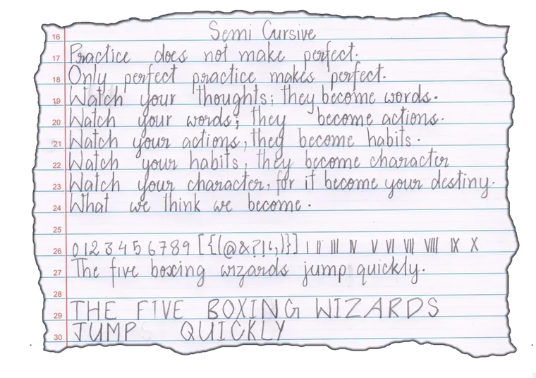 Semi Cursive handwriting sample